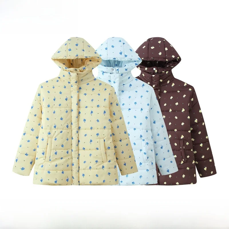 

Новое осенне-зимнее женское хлопковое джато с шляпой, цветная футболка с маленьким цветочным принтом, модное трансграничное милое пальто