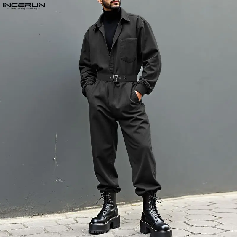 INCERUN Men Jumpsuits Solid Color Lapel Long Sleeve Casual Rompers Men Streetwear Loose Fashion Leisure Men Cargo Overalls S-5XL