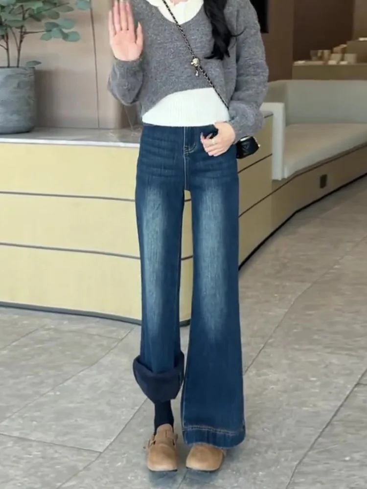 

Fleece Lined Thick High Waist Wide Leg Jeans Women Winter New plus Size Slimming Skinny Jeans American Style Distressed Denim