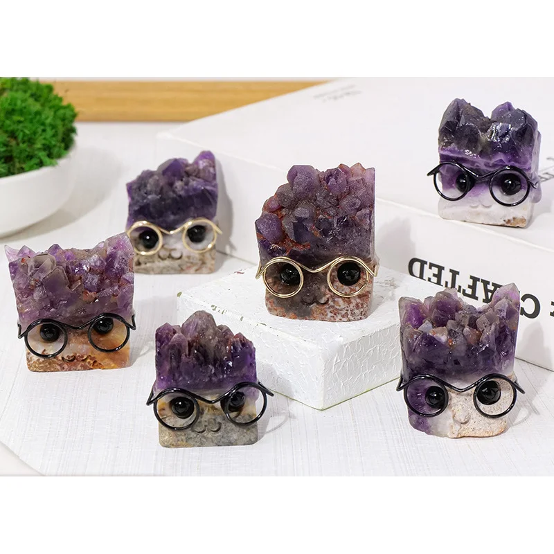 1PC Glasses-Wearing Natural Amethyst Cluster Hedgehog Crystal Craft Desktop Decoration for Home Office Holiday Gift