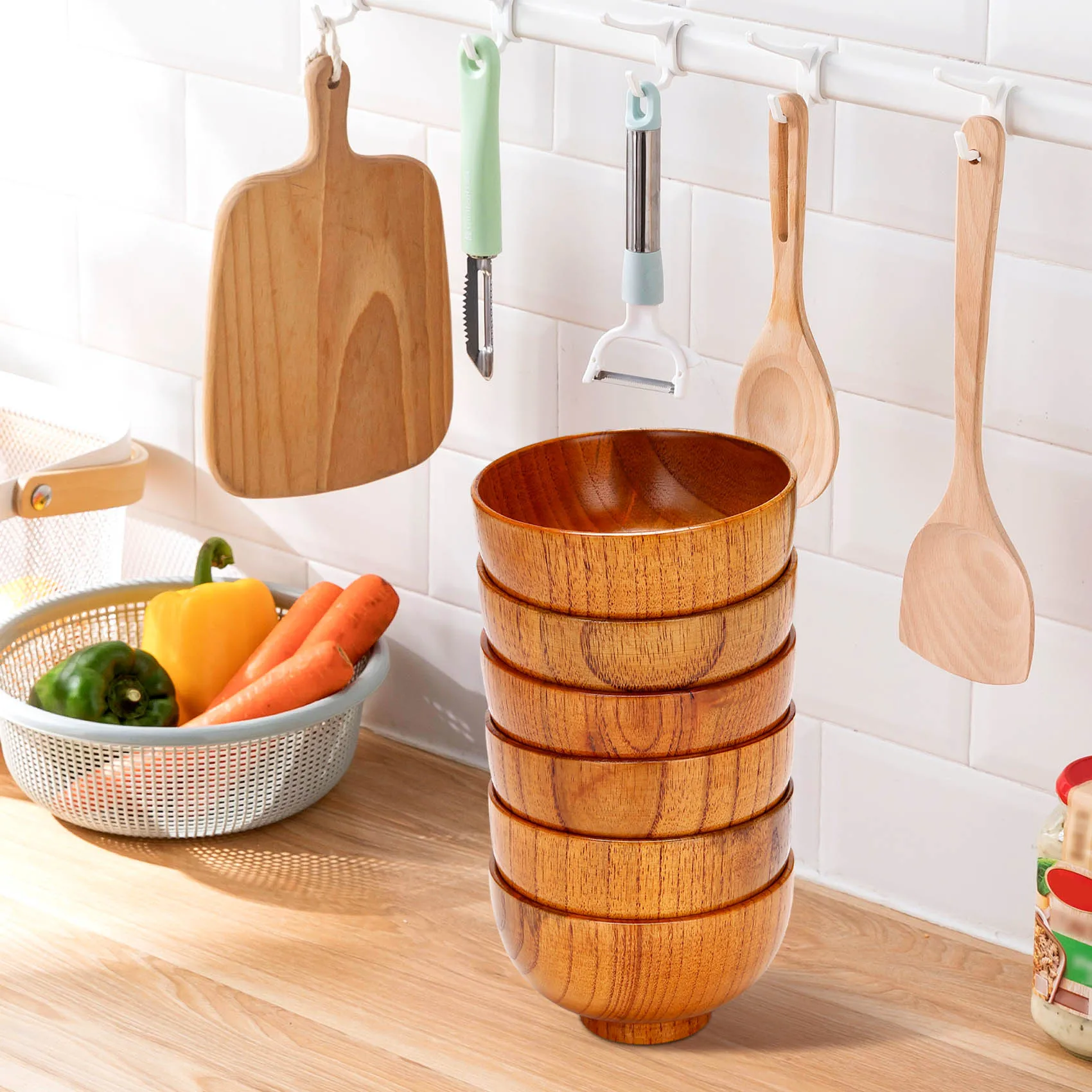 

AB39-6 Pcs Wood Bowls Serving Tableware For Rice, Soup, Dip, Coffee, Tea, Decoration Wooden Salad Bowl Kitchen Cutlery Set