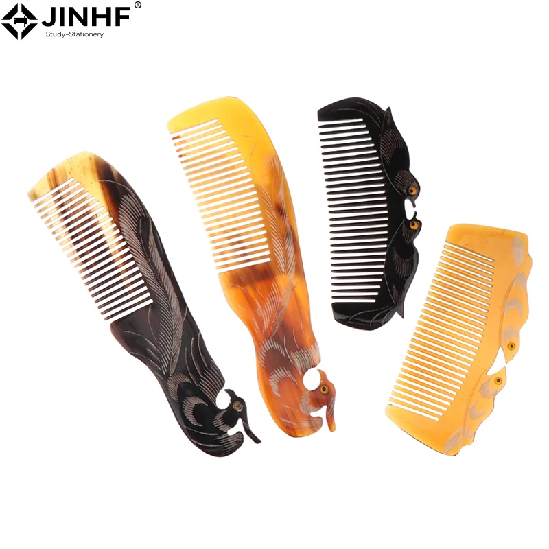 Anti Static Buffalo Combs Natural Ox Horn Comb Mandarin Duck Phoenix Carving Professional Detangling Massage Fine Tooth Comb
