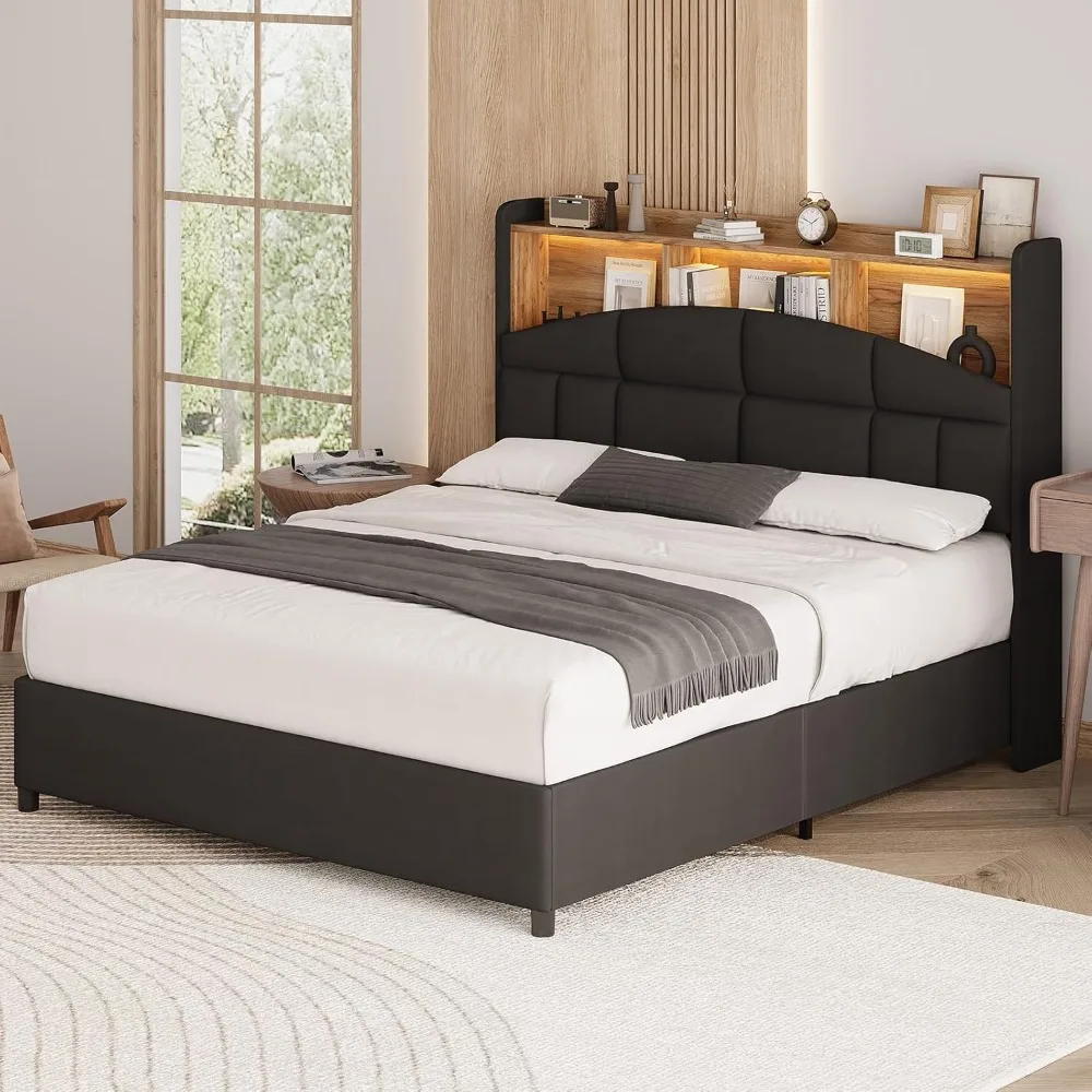 

Full Bed Frame with Storage Bookcase Headboard, Velvet Upholstered Bed Frame with LED Lights,Mattress Foundation with Strong Woo
