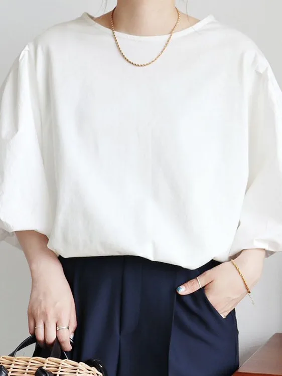 

Свободный крой, повседневный японский женский гладкий круглый Ne Pure Color Bell Sve, смесь хлопка, удобный, универсальный, модный