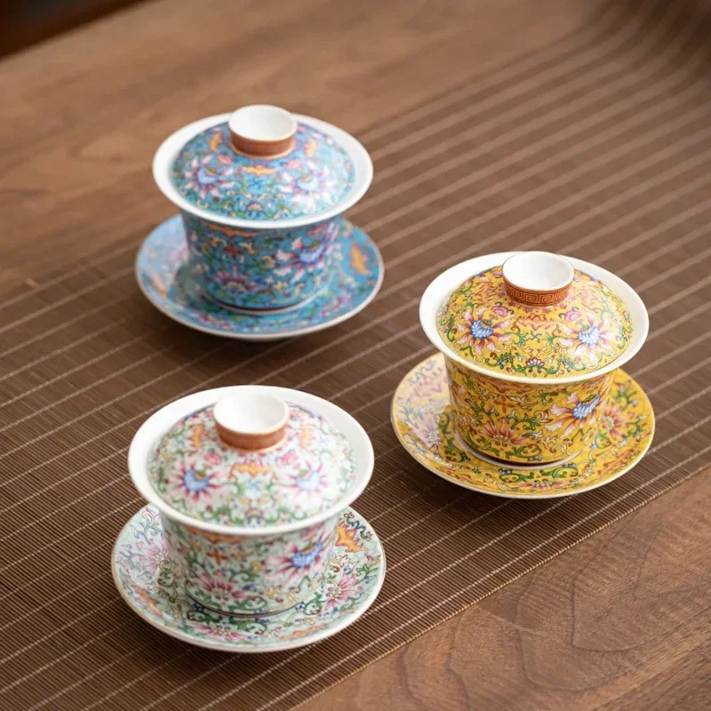 Enamel Color Sancai Gaiwan Tea Cup, Chinese Painted Kung Fu Tea Bowl, Ceramic Single Household Ceremony Bowl, Scented, 150ml