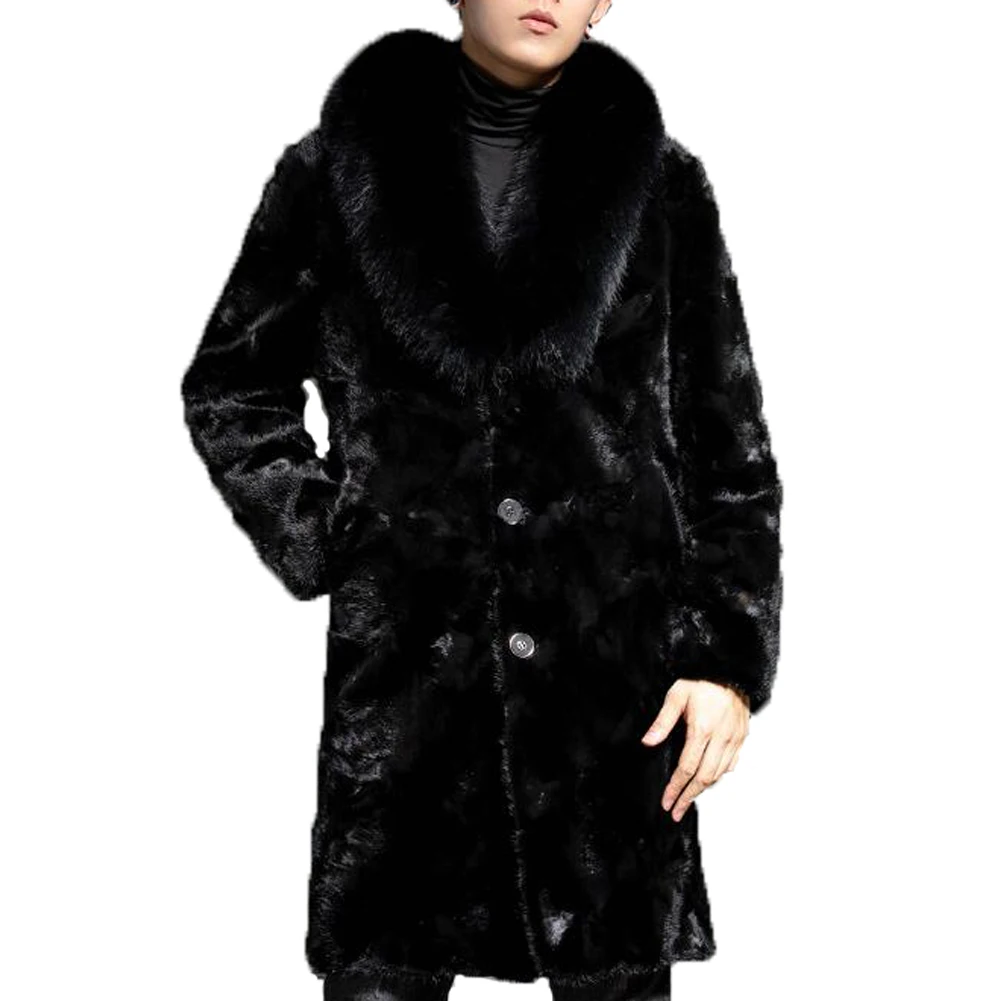 Denny&Dora Men Leather Coats With Fur Real Coat With Fur Lapels Mink Fur Mens Coats Long Style