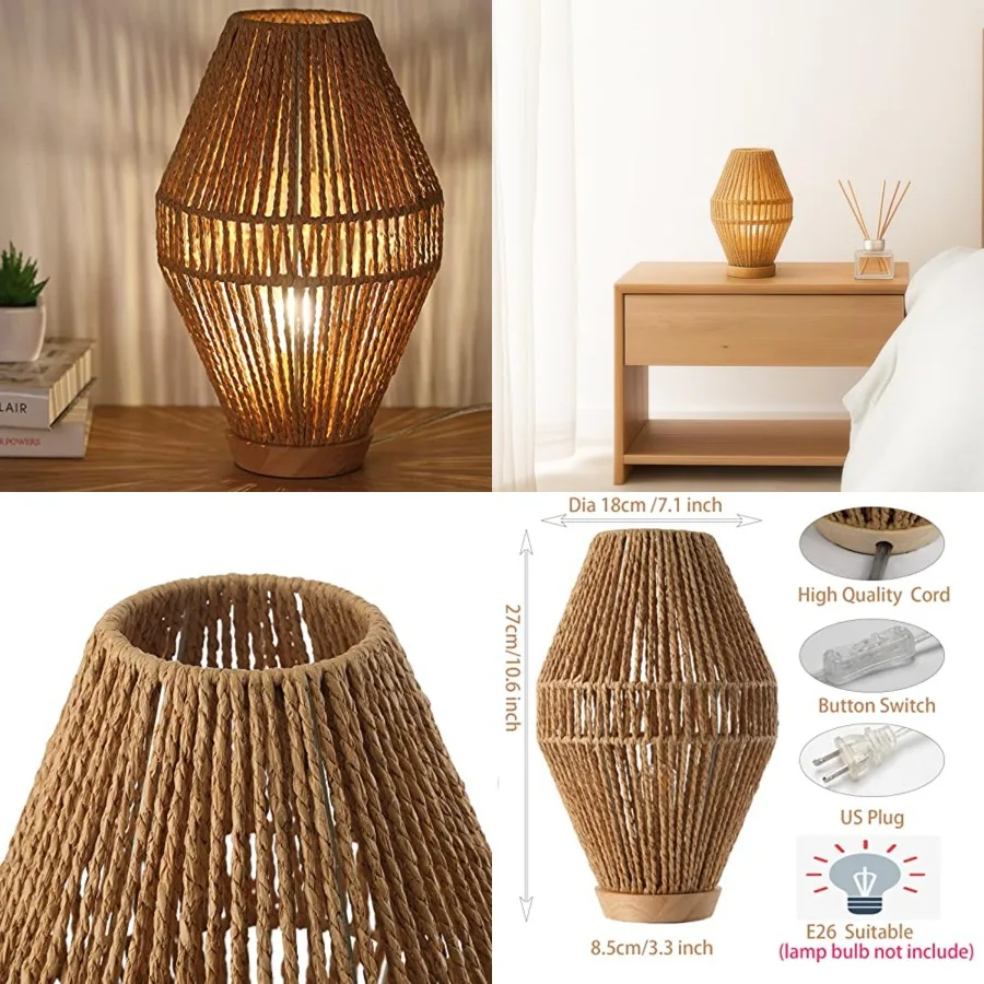 

Boho Table Lamps for Bedroom and Living Room - Small Natural Woven Basket Lanterns with Paper String Shades