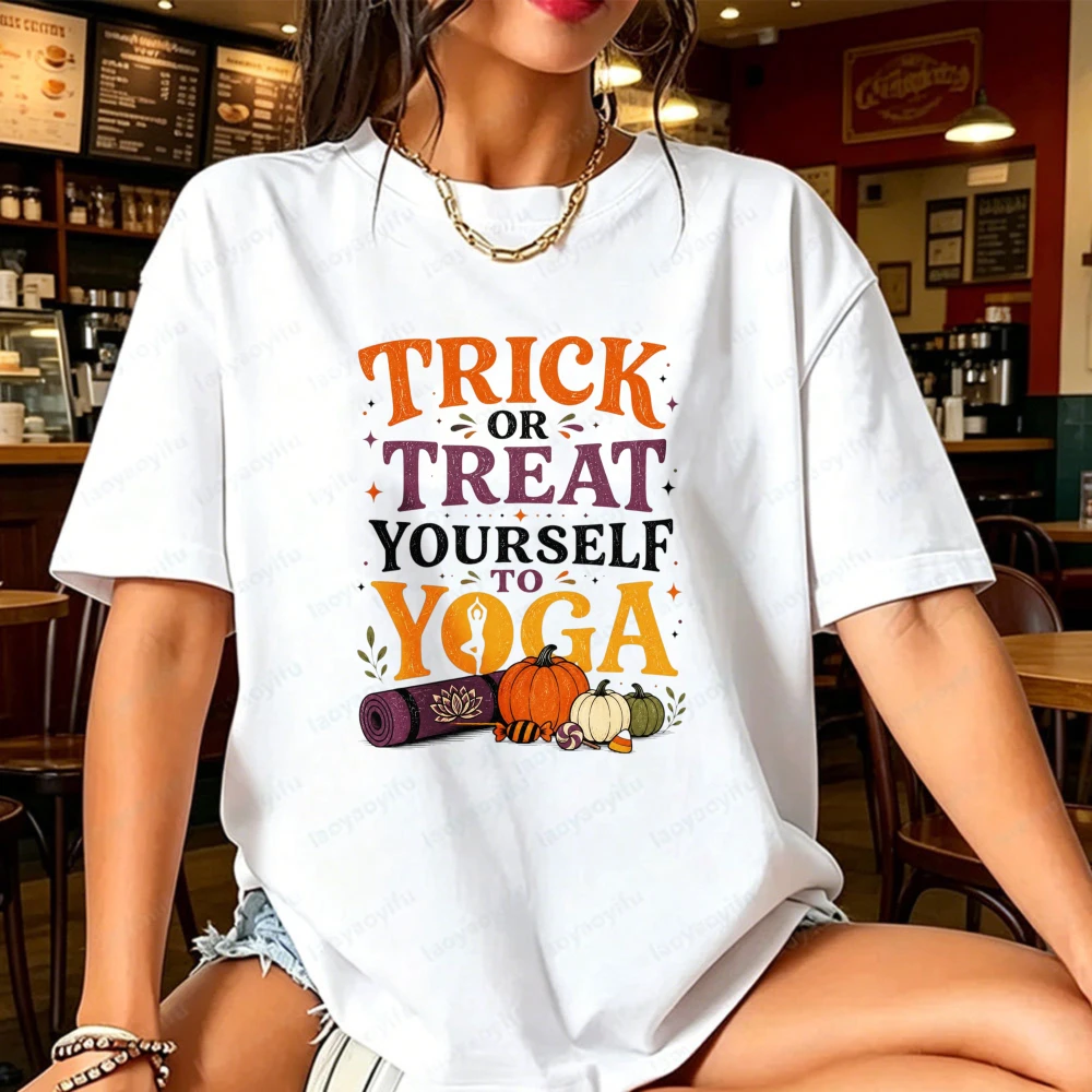 Trick Treat Yourself To Yoga Tee Pumpkin Print Funny Halloween Graphic Tshirt Unisex Cotton T Shirt Autumn Casual Yoga Lover Top