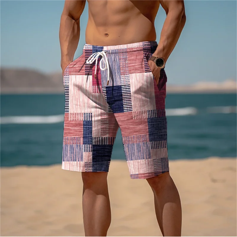 Vintage Patchwork Pattern Beach Short For Men Fashion Casual Summer 3D Fake Cloth Printed Swim Trunks Loose Street Short Pants