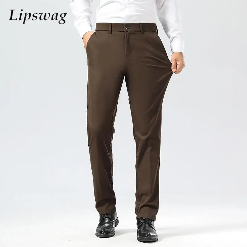 

Модные тонкие однотонные костюмные брюки мужские весенне-осенние винтажные прямые чинос мужские деловые повседневные эластичные дышащие брюки
