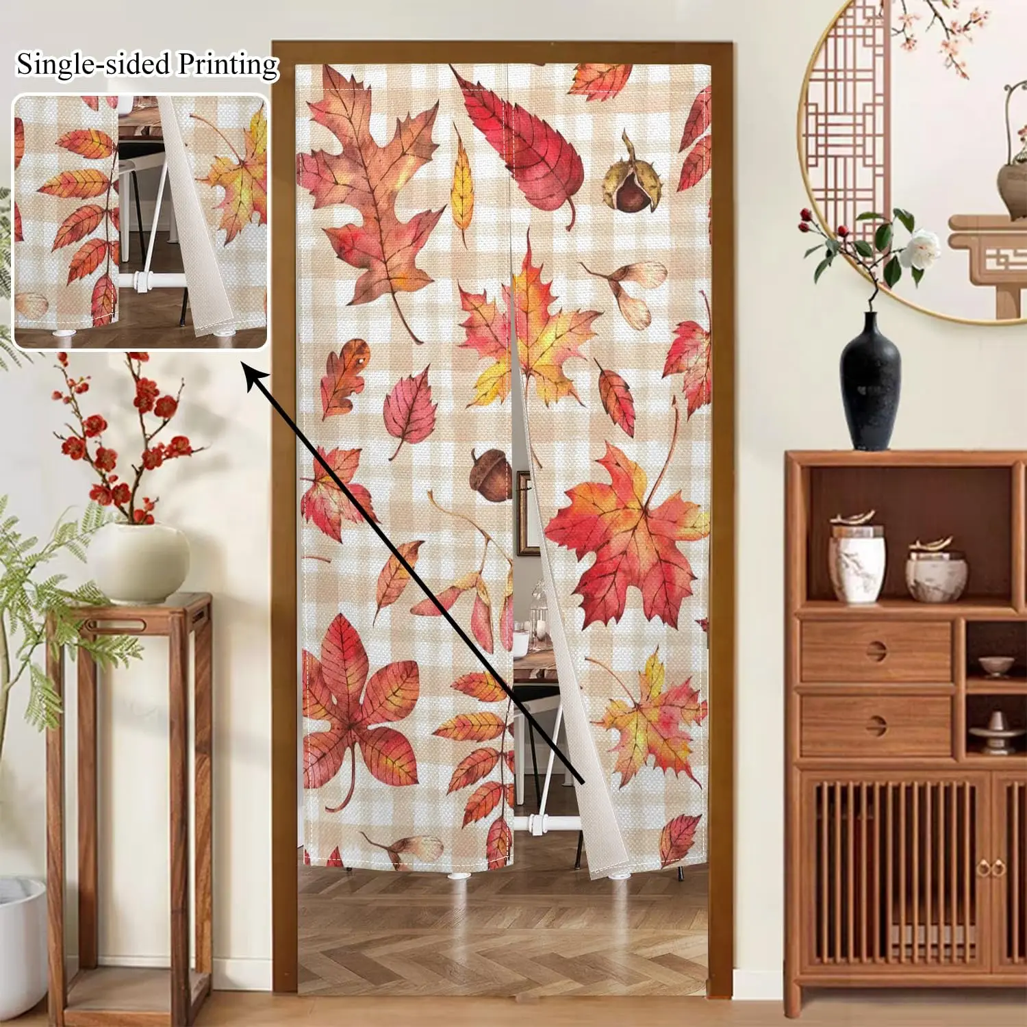 Japanese Style Autumn Leaf Pattern Door Curtain, Plaid Maple Leaf Print For Home Entrance & Kitchen,Warm Fall Decor Room Divider