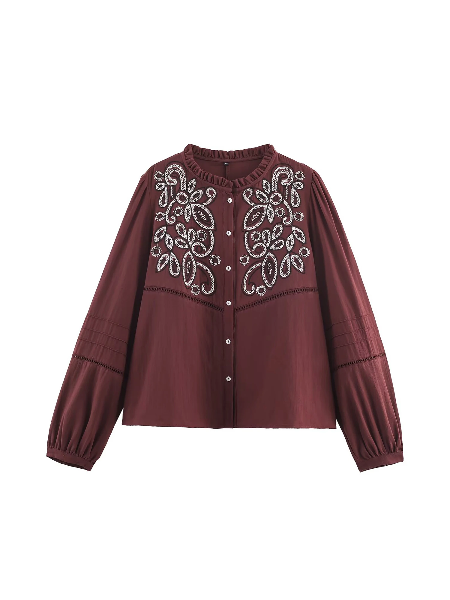 

Women's Burgundy Shirts Blouses Y2k Vintage 2000s Elegant Aesthetic Long Sleeve Embroidery Shirt Fashion Clothes Spring Autumn