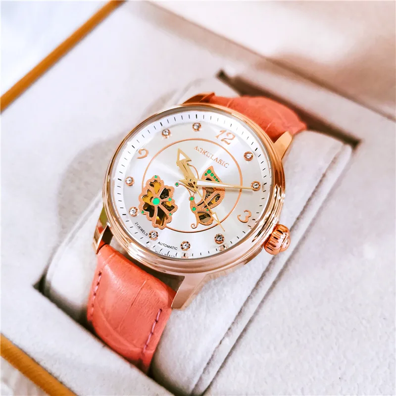 Stainless Steel New Fashion Skeleton Luminous Waterproof Self-Wind Automatic Mechanical Watch for Women