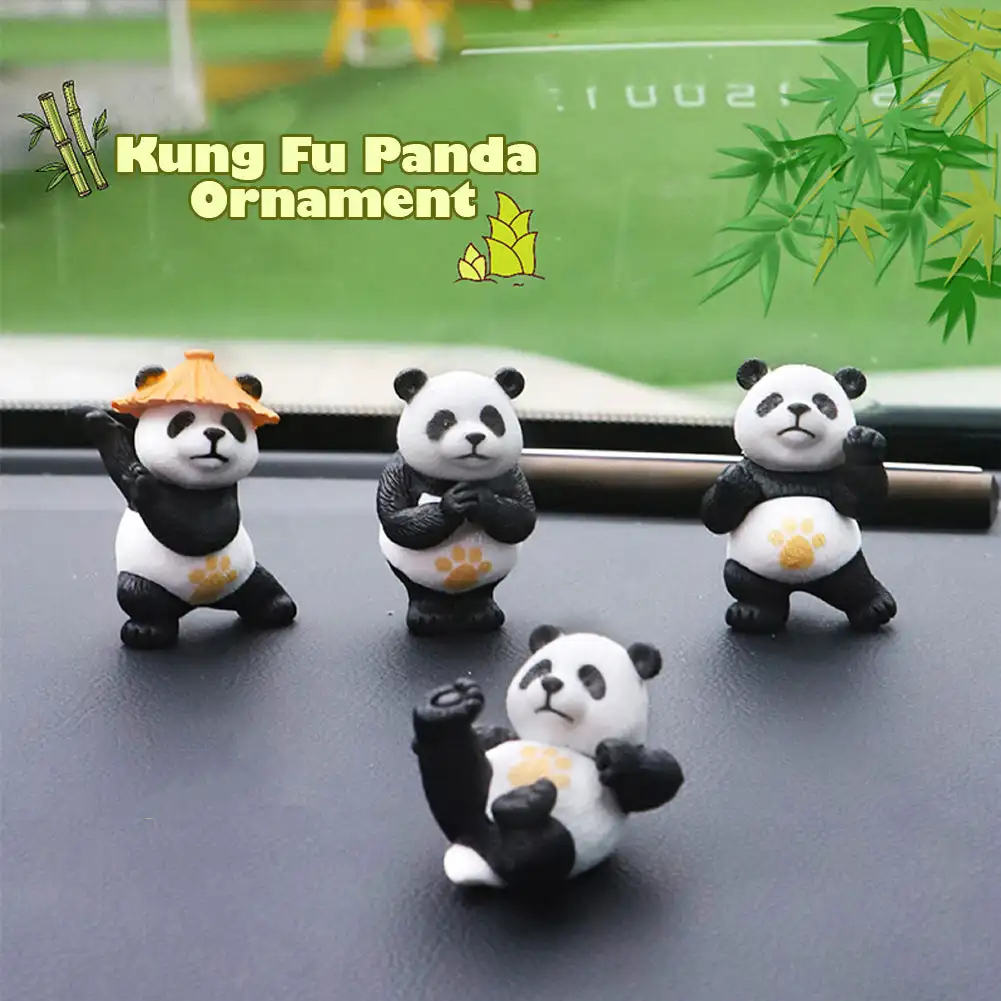 4Pcs Car Interior Mini Panda Figurine Cute Panda Kung Fu Panda Statue Fairy Garden Animals Plant Pots Bonsai Craft Cake Topper