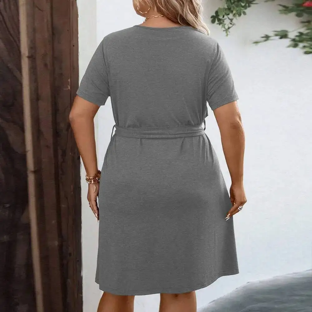 

Spring/summer New Plus 2025 Size Women's V-neck Waistband Cinched A-line Skirt Short Sleeved Temperament Dress Casual Y2k