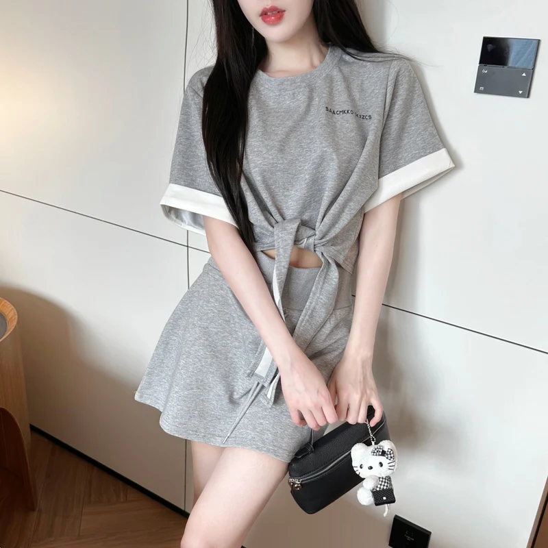 

Sweet Hot Girl Suit Women's Summer Stitching Lace-up T-shirt Drawstring Elastic Waist Skirt Two-piece Set Fashion Female Clothes