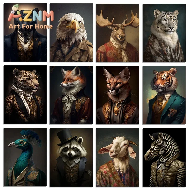 Vintage Aristocrat Animals Zebra Fox Tiger Eagle Sheep Panther Portrait Poster Canvas Paintings And Prints For Room Home Decor