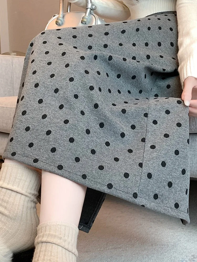 

Ретро-юбка в горошек из шерсти, женская, с завышенной талией, приталенная, А-силуэт, длинная, весна-осень-зима, новая, для офиса, в корейском стиле