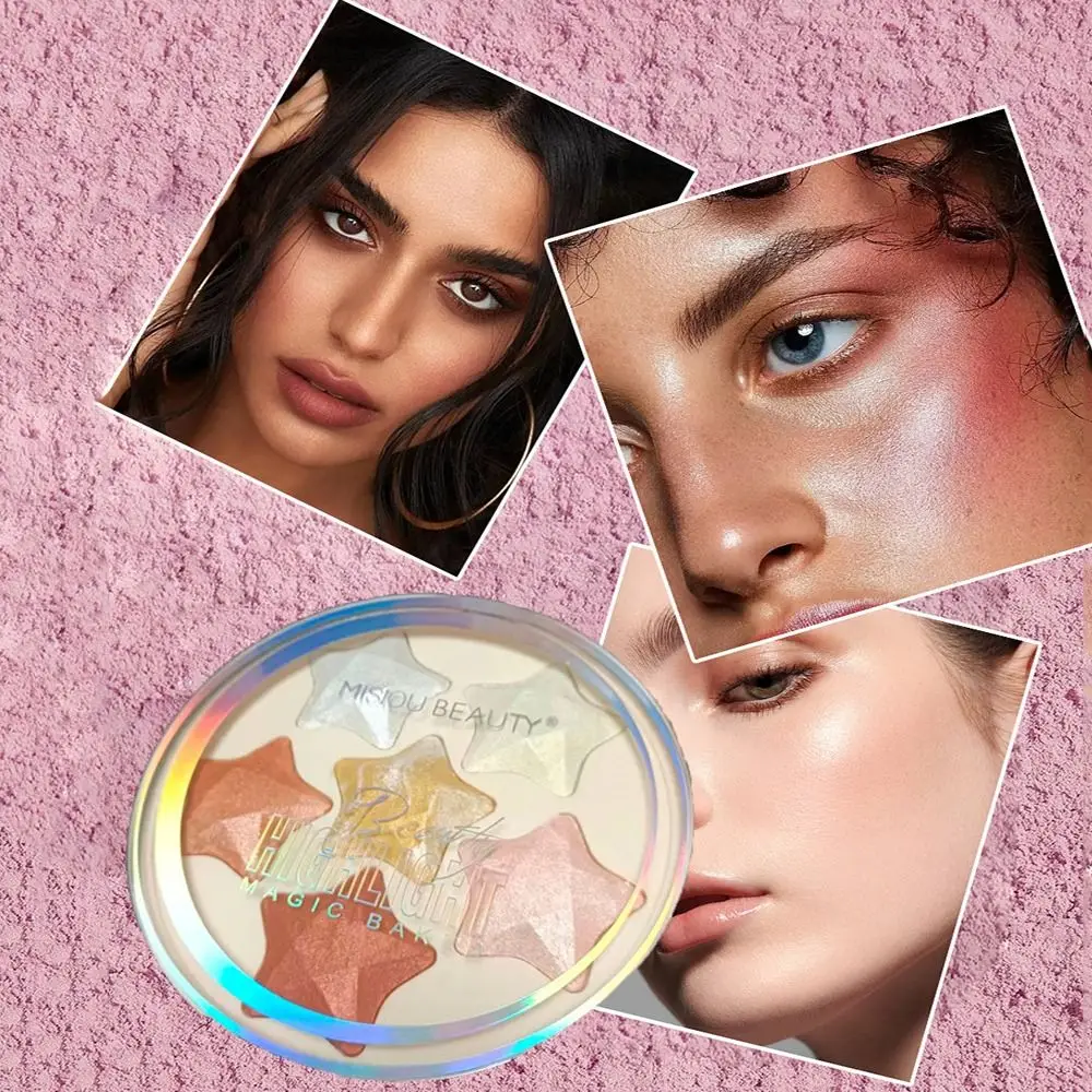 Cinco Pontas Estrela Glitter Highlighter Paleta, Contorno Rosto, Blush Natural, Pó Destaque Impermeável, 6 Cores