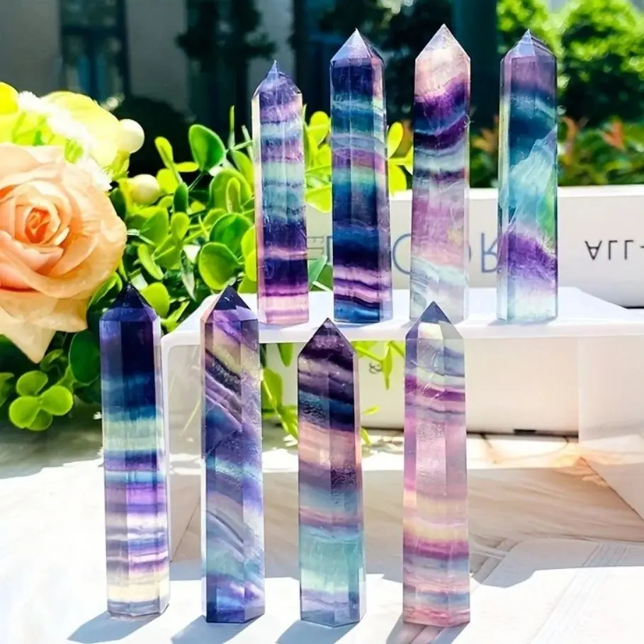 

3-9cm Natural Fluorite Crystal Colorful Striped Fluorite Quartz Crystal Stone Point Healing Hexagonal Wand Treatment Stone