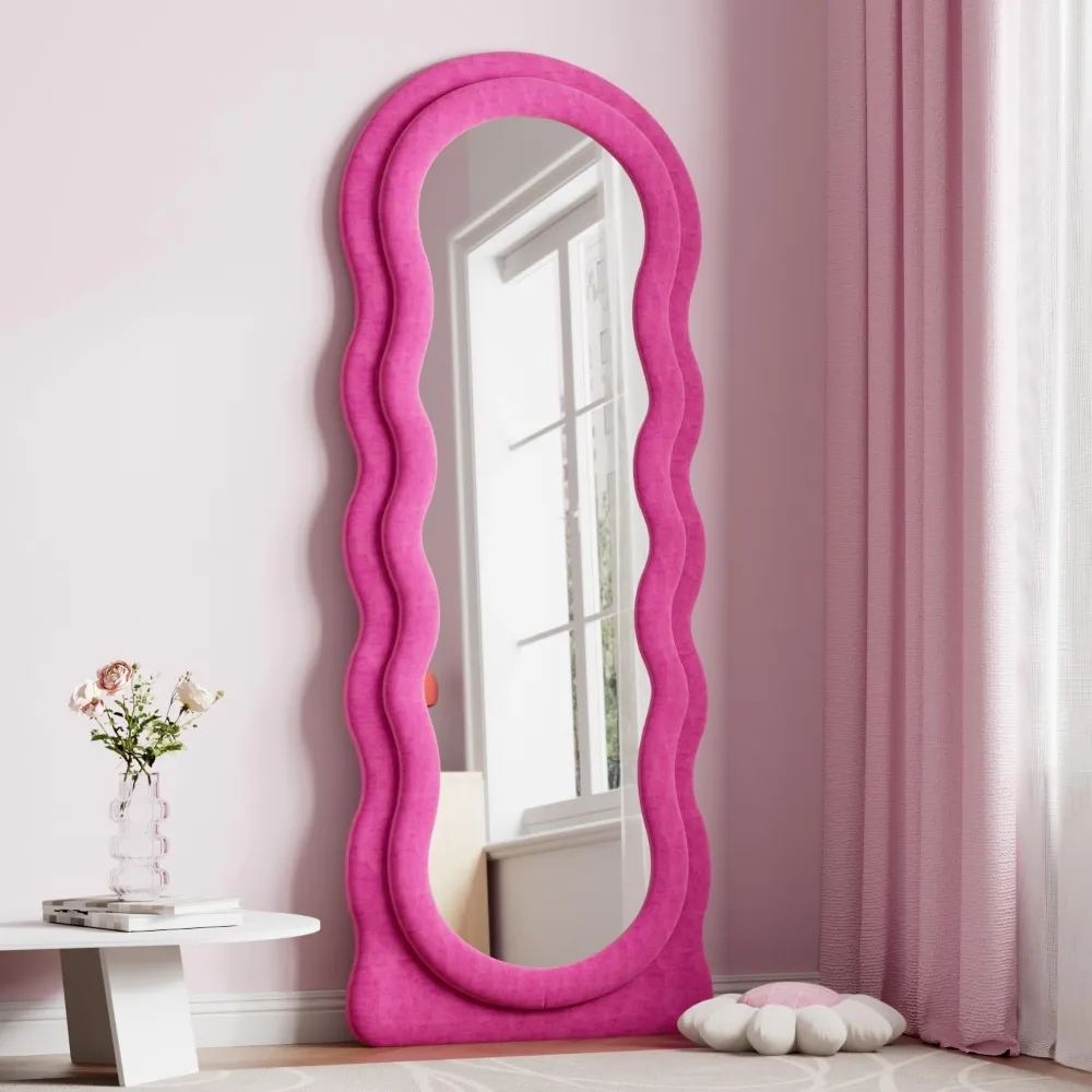 Full Length Mirror, 63" x 24"Irregular Wavy , Large Floor Length Wall Mounted, Standing Wavy with Flannel Wrapped Wooden Frame