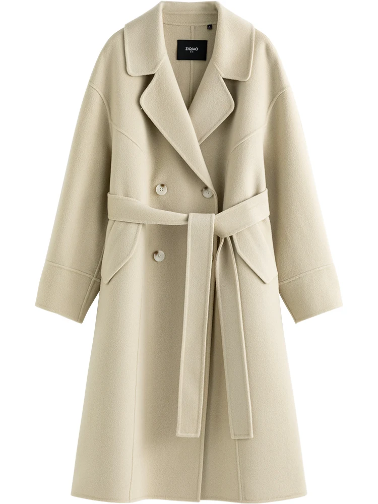 ZIQIAO Klasický 100% vlněný dlouhý kabát pro ženy, zimní 2022, styl Hepburn, jednobarevný, středně dlouhý, oboustranný, kancelářský, vlněný kabát - náhled 5