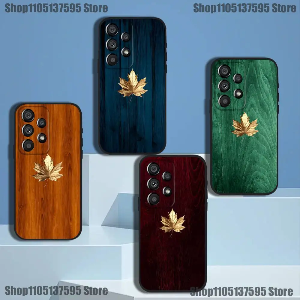 

Business Wooden Metal Maple Leaf Phone Case For Samsung Galaxy A73,31,32,72,41,53,52,71,22,5G,Note,J7,8,9 Soft Black Cover