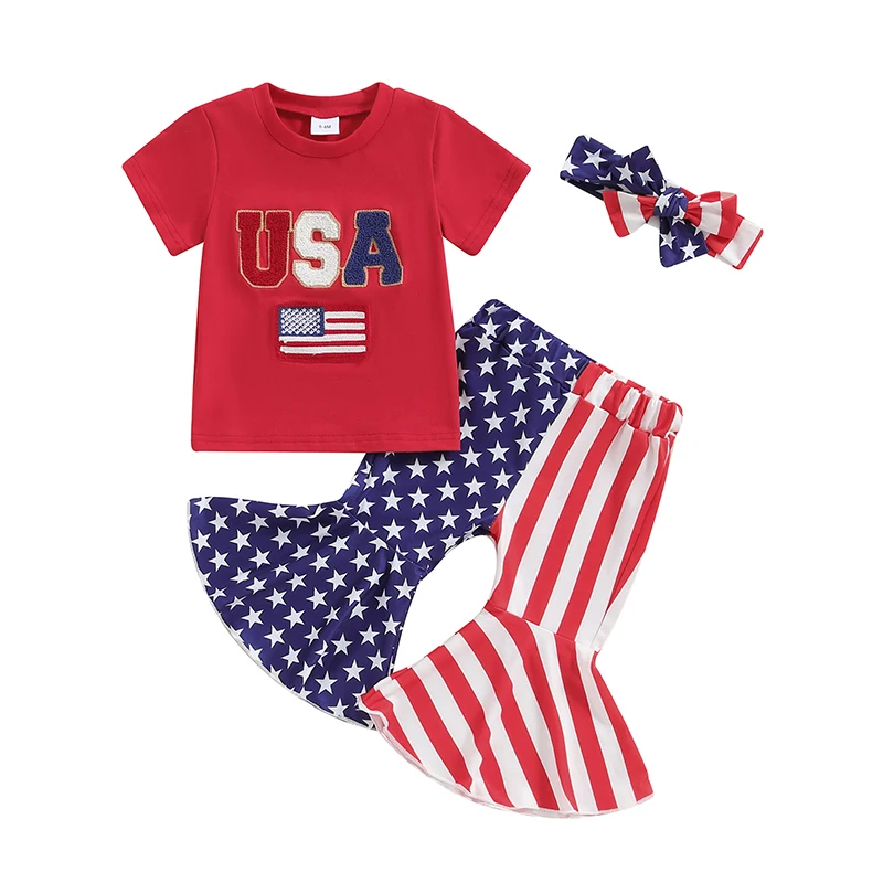 

Kids Girls 4th of July Outfits Letter Embroidery Short Sleeve T-Shirt and Star Stripe Flare Pants Headbands Set