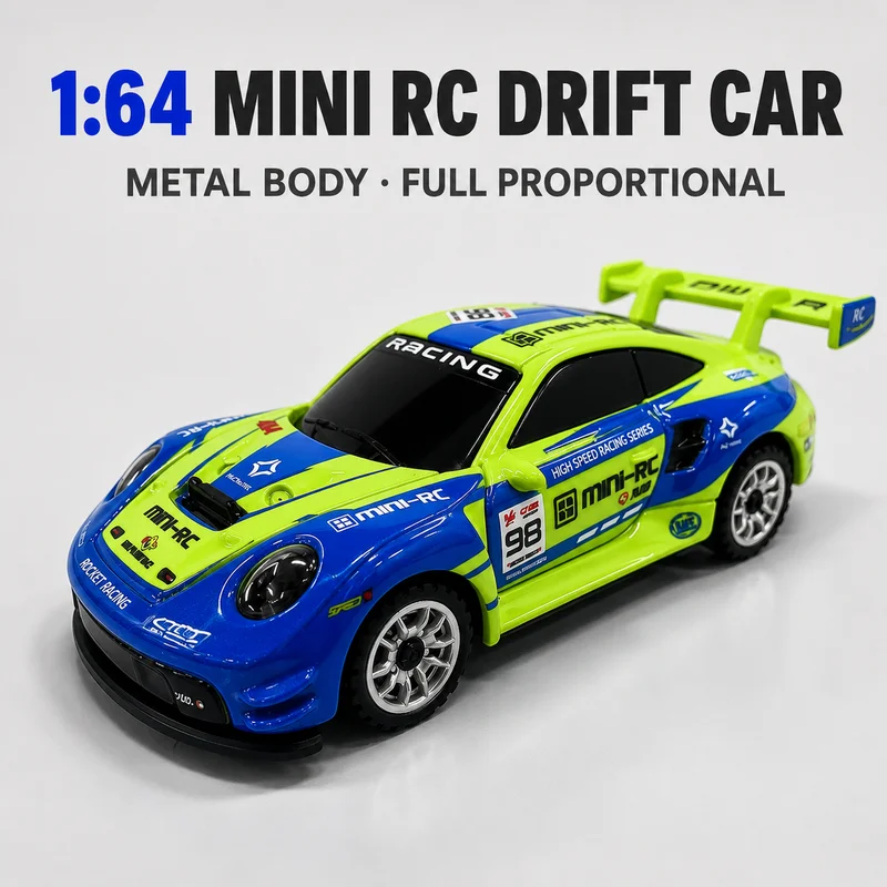 1:64 Mini RC Drift Car 4WD Full Proportional Control Alloy Metal Body LED Lights Desktop Racing Model Vehicle