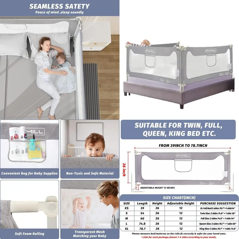 

U-Shaped Toddler Bed Rail, Grey, 78.7 Long, Fits Queen/King Mattresses, 1 Pack