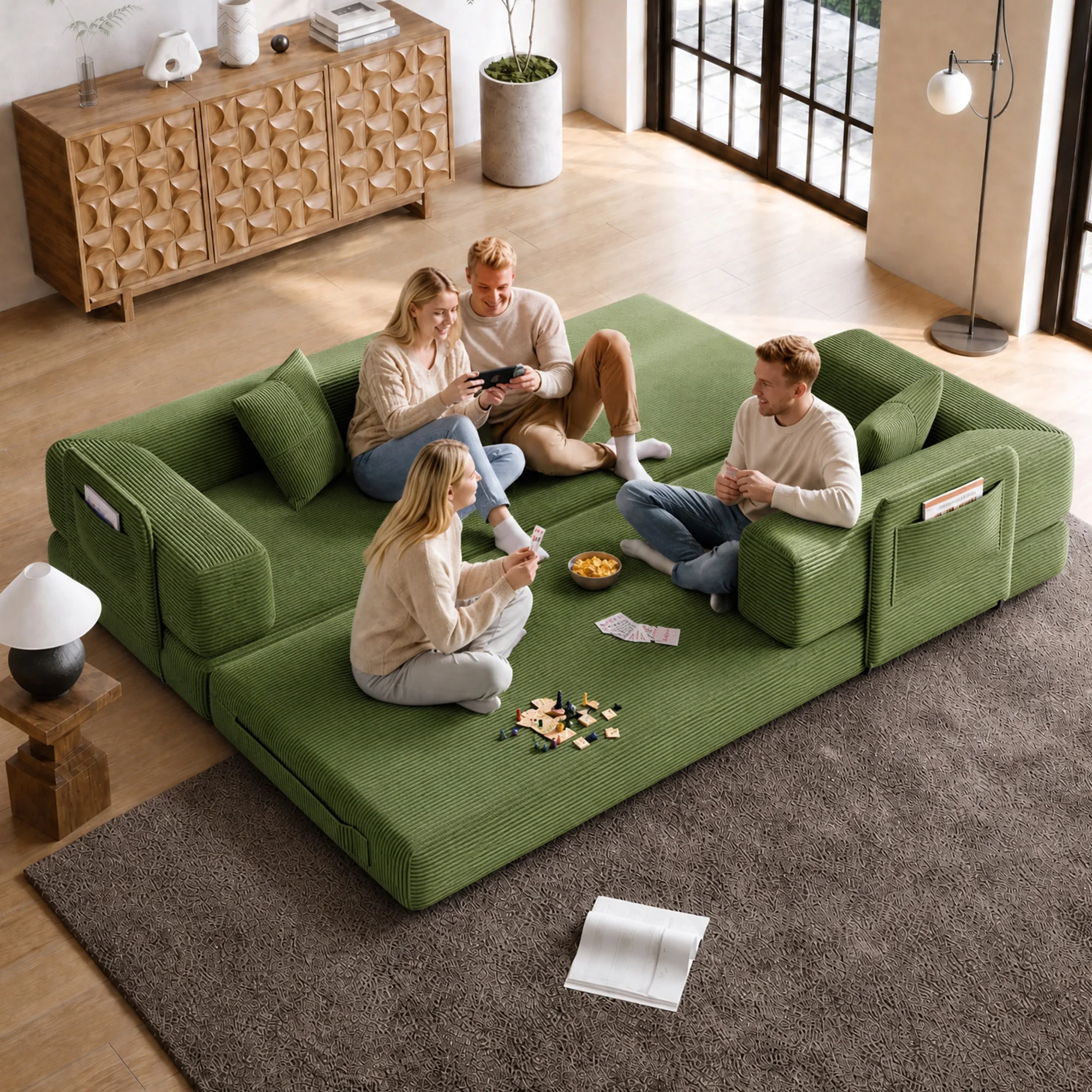 Modular Floor Sofa Frameless Compression Straight Couch 3 Seater Convertible Lazy Sofa High Density Foam Corduroy Upholstered Living Room Apartment Furniture view 3
