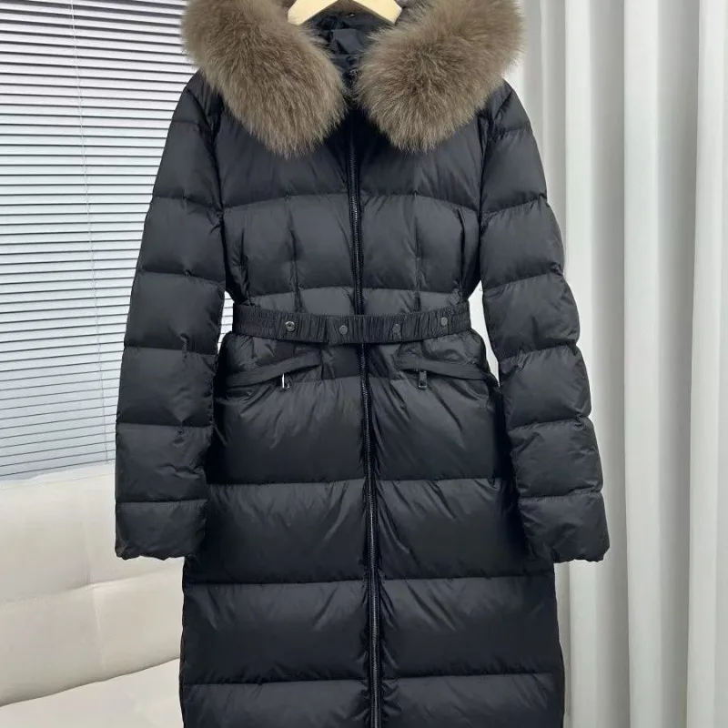 Winter New Large Fur Collar Belt Thickened White Duck Down Jacket Women's Mid-length Down Coats Warm Slim Puffer Jacket Women - Image 5