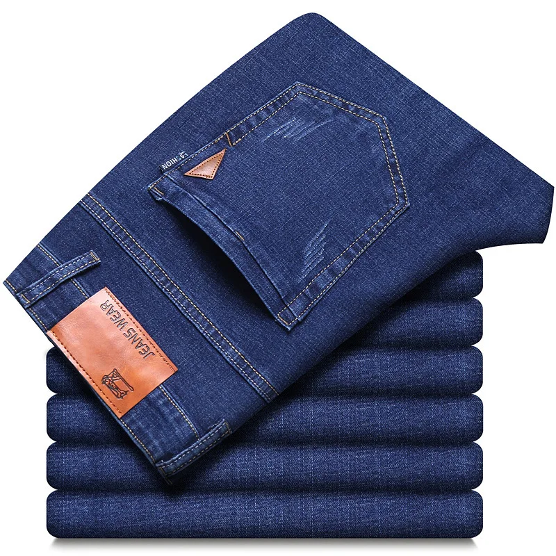 Men Fashion Straight Casual Jeans Stretch Slim Fit selvedge Pants Comfortable Soft Business Denim Work Trousers Mens Clothing