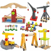 Wooden Crane Tower Railway Track Accessories Tunnel Cross Bridge Lumberyard Train Cross Road Wood Brick Fit Biro For Childern