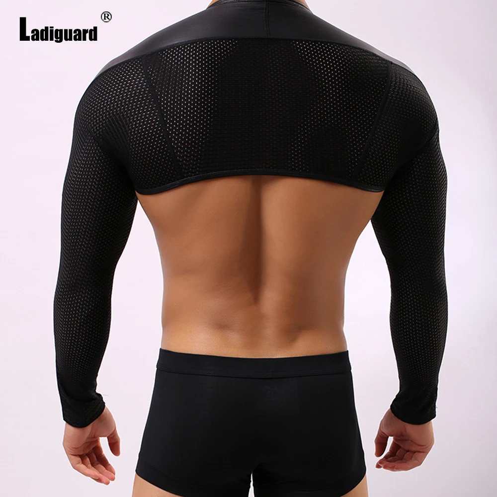 Sexy Faux Pu Leather Shirts Clothing 2022 Summer New Hot Wetlook T-shirt Long Sleeve Men Fetish Crop Tops Latex Erotic Costume