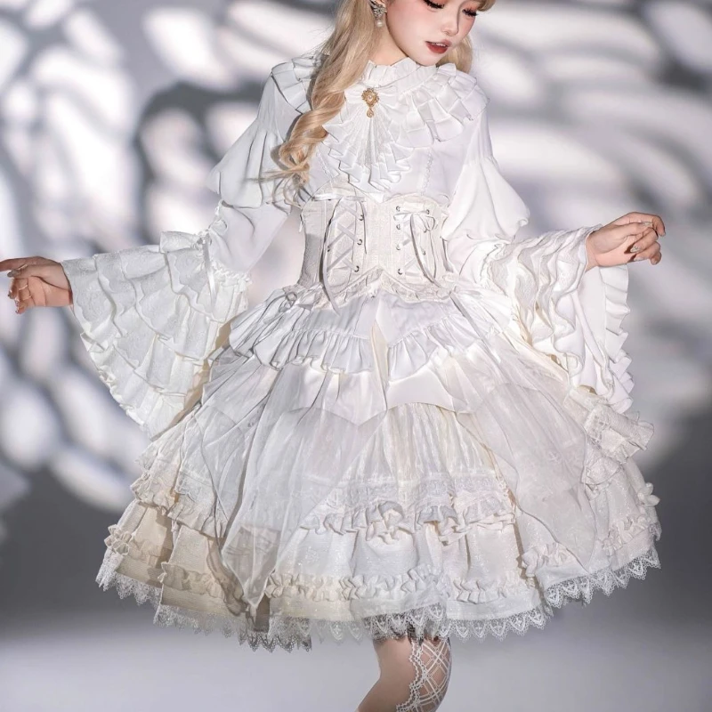 Japanese Gothic Y2k 3 Piece Set Women Retro Lace Ruffle Flare Long Sleeve Bow Shirts Sweet Mini Cake Skirt Elegant Princess Suit image 4