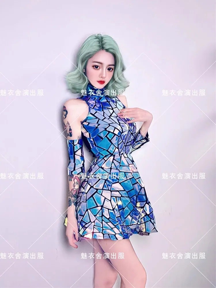 실버 미러 나이트 클럽 드레스 여성 저녁 생일 복장 민소매 반짝 이는 레이저 PU 바 Dj Gogo 댄서 가수 무대 의상