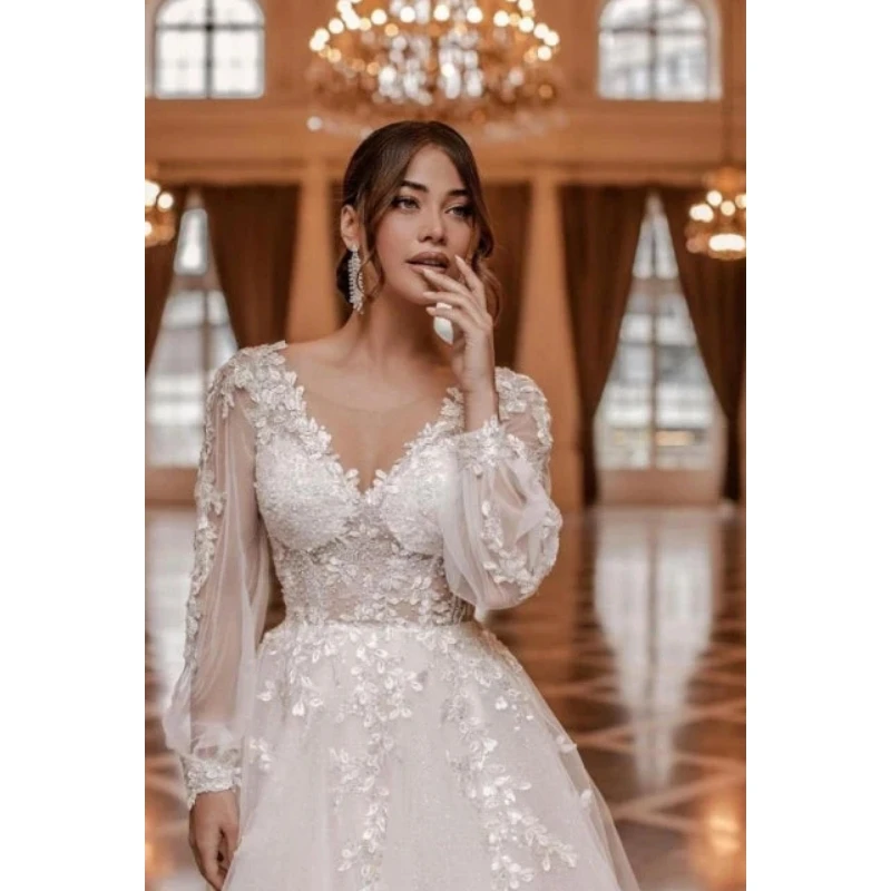 Vestidos de casamento ilusório de mulheres, Manga longa, Linha A, Vestidos de baile, Princesa, Decote V, Apliques, Festa formal da noiva, Vestidos de baile