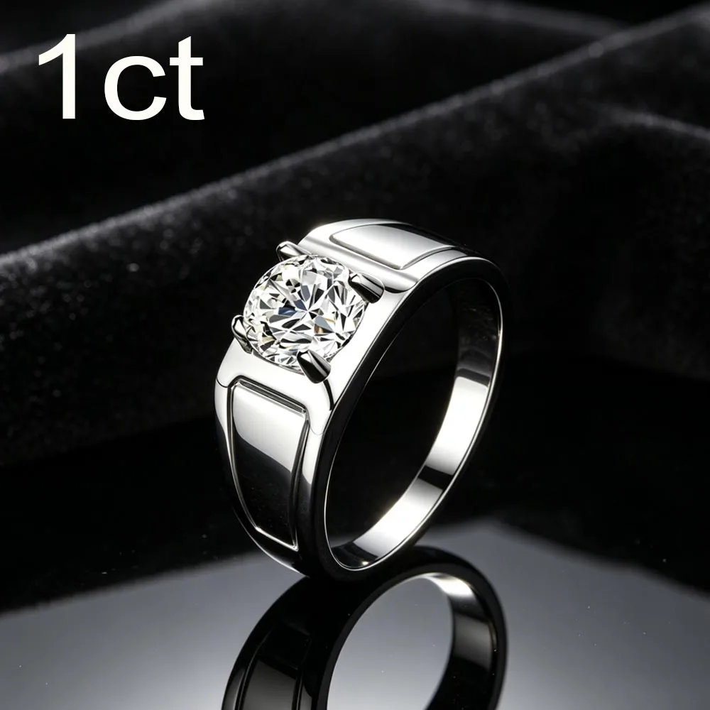 1ct D Color VVS1 Moissanite Men's Ring, Business 4-Prong Craft, High Polish Brushed Design, Luxury Men's Ring