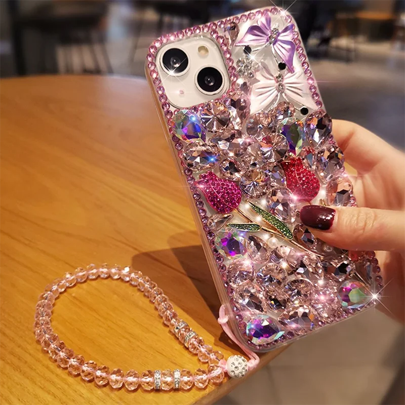 

Diamond case for iPhone 17 16 ProMax Phone Case 13 12pro 11 14 15 pro max Casing Bling Rose flower Cover with chain bracelet