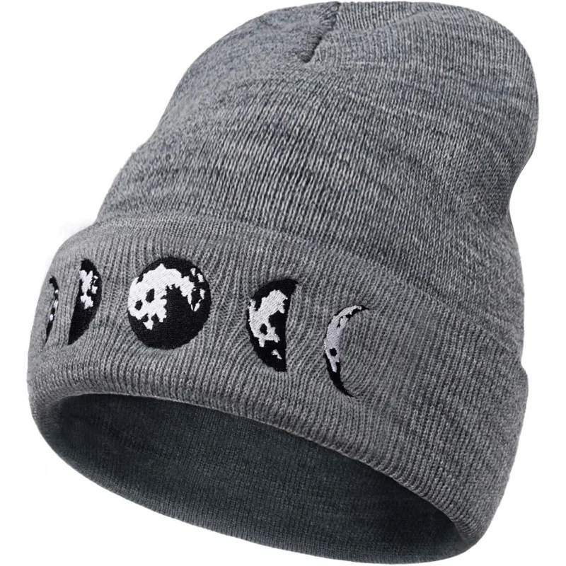 Gothic Moon Phase Skull Beanie Hats for Men Women Halloween Knit Winter Hat for Birthday