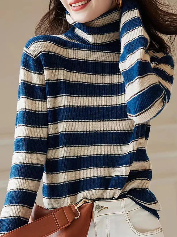 

Sweater Women Pullover Striped Turtleneck Knitwears Long Sleeve Knitted Top Knit Pull Femme Autumn Winter Casual Ladies Clothing