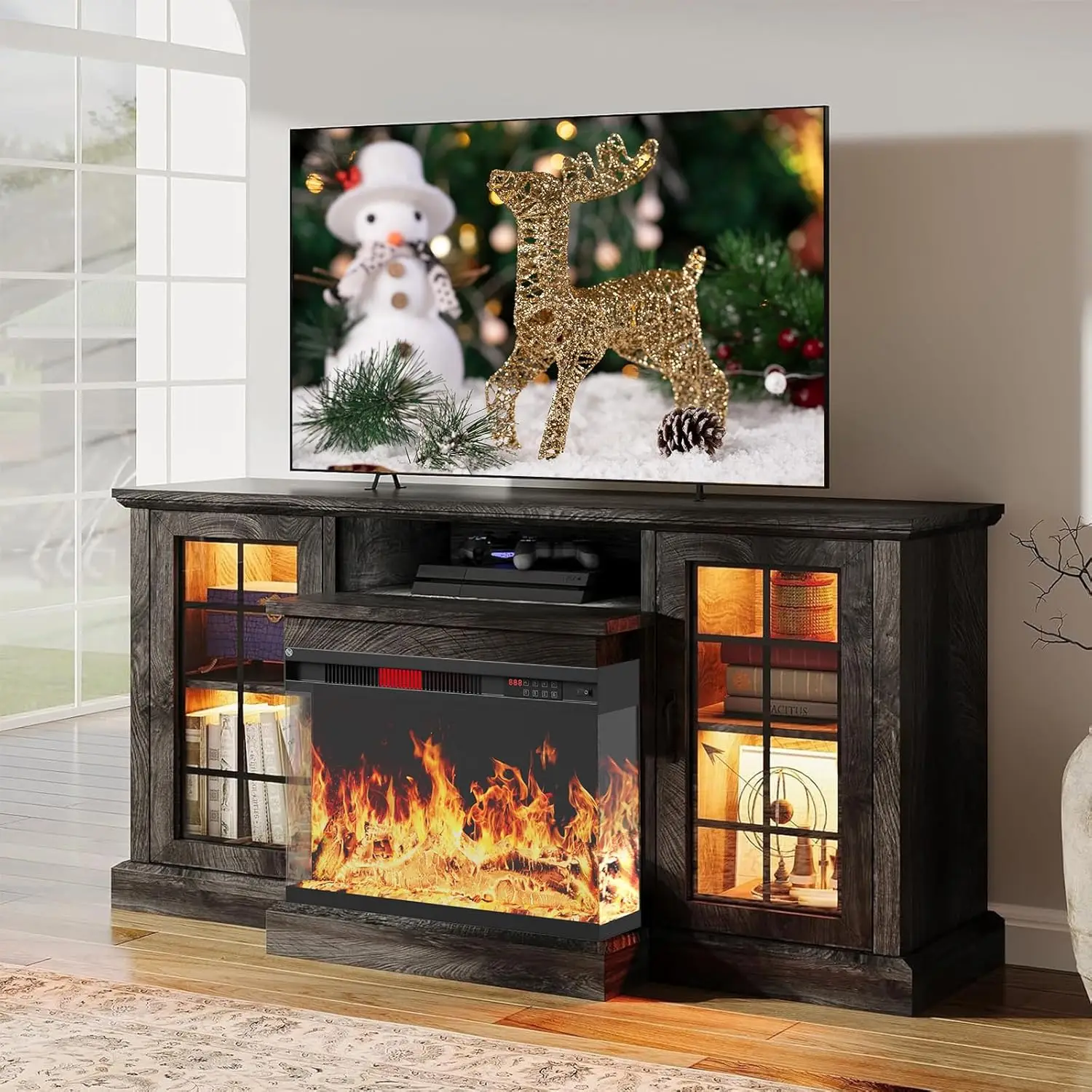 3 Sided Glass Media Entertainment Center Console Table for TVs up to 65'' with Glass Door Adjustable Flame LED Color