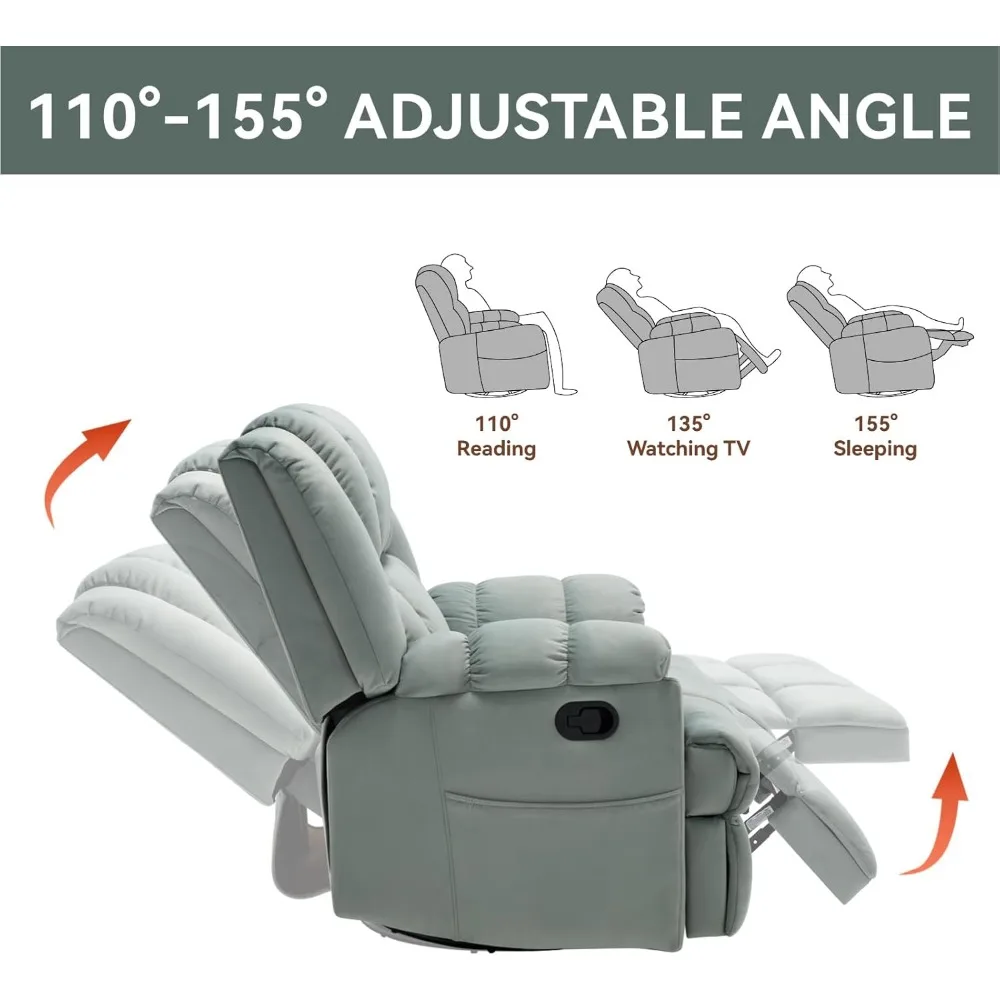 Living Room Chairs, Comfortable Overstuffed Cushion, Tech Fleece Fabric, Single Sofa, Large Manual Swivel Rocker Recliner Chair image 6