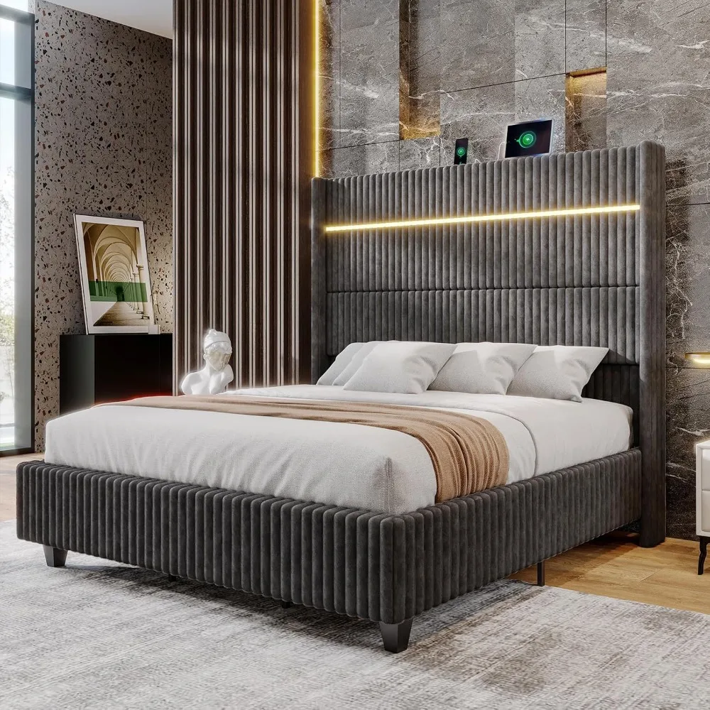 

60 Tall California King Bed Frame with LED Lights, Faux-Fur Upholstered Platform Bed Frame with Wingback Headboard and