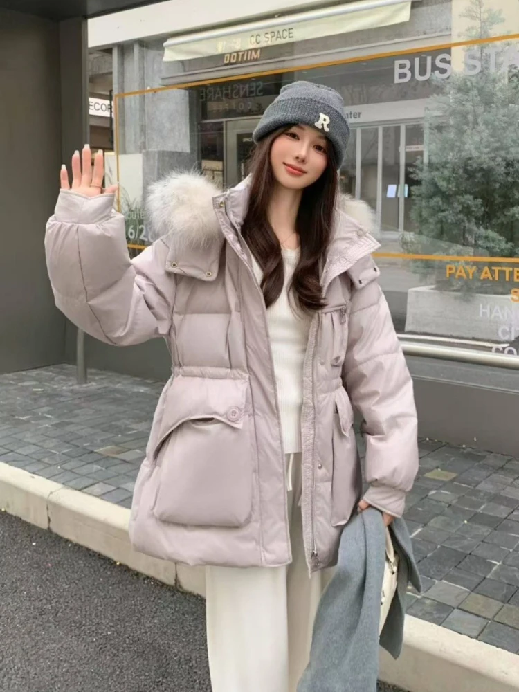 Women Winter Fur Coat Voluminous Fur Hood Belted Waist Zipper Closure Oversized Outerwear Street Style for Cold Climate Days