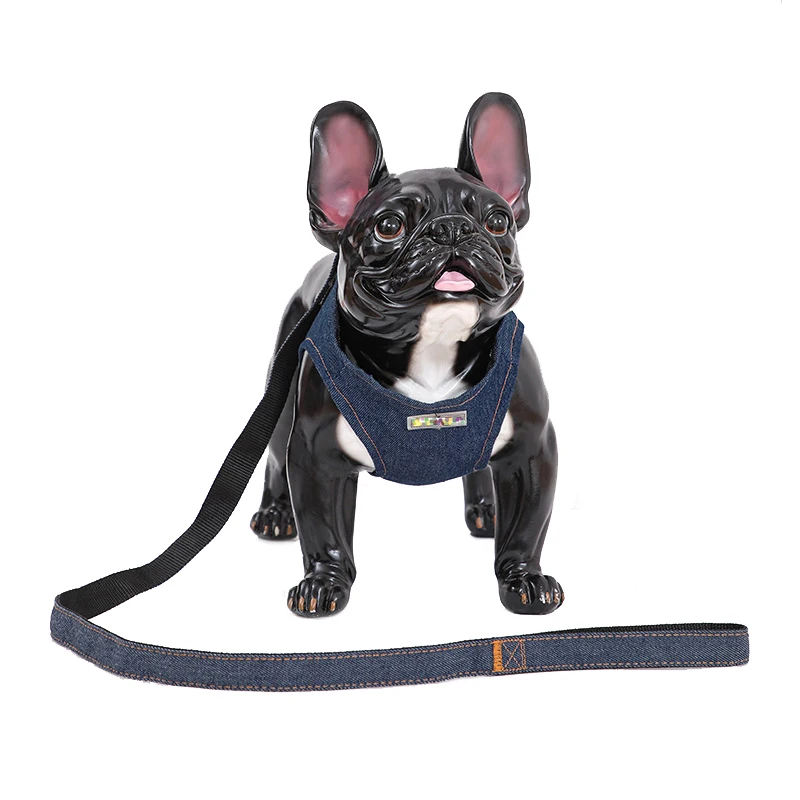 Durable Dog Denim Harness and Leash Set, Adjustable Step in Lightweight Pet Jeans Vest Harness for Small Medium Dogs Bulldog