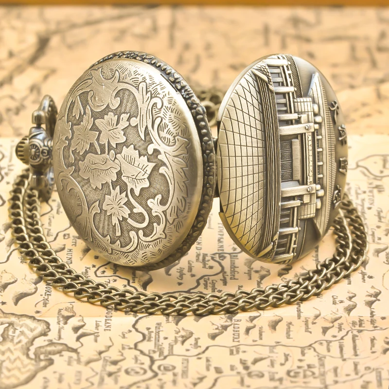 Vintage Bronze Steampunk จีนเทียนจินสถานที่ท่องเที่ยวควอตซ์นาฬิกาพ็อกเก็ตนาฬิกาสร้อยคอจี้นาฬิกา Chain ผู้ชายผู้หญิงคอลเลกชันของขวัญ