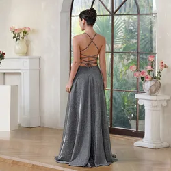 Sparkly Lurex Fabric A Line Side Split Long Prom Dresses Criss Cross Straps Backless Sexy Evening Formal Gowns For Women Party