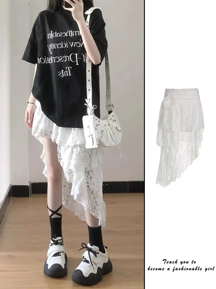 スパイシーガール ホワイト 不規則レース f スカート レディース 春夏新作デザインセンセーション 斜めミドル丈Aラインスカート